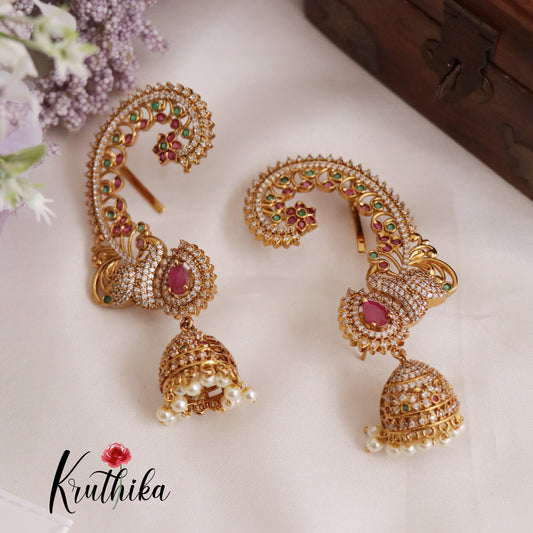 Premium Peacock Elegance Ruby Earcuffs with Jhumkas E458