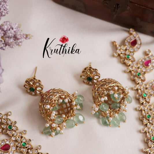 Royal Peacock Jadau Necklace with Pastel Green Drops NC2158