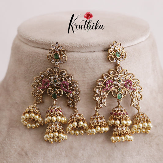 Grand Multi Stone Peacock Triple Jhumkas E490