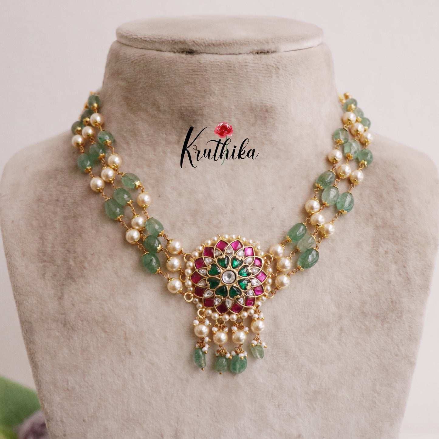 Beautiful Floral Design Jadau Chocker with Pastel Green Beads NC2114