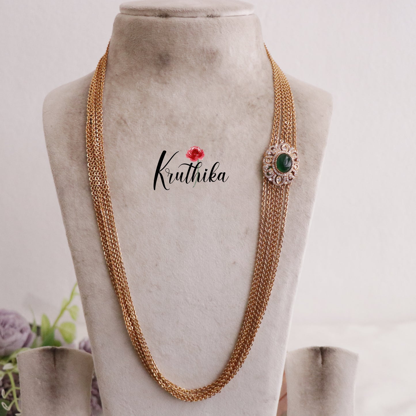 Elegant multi layer Emerlad Vintage Chandra Haaram with Side AD Pendant LH1910