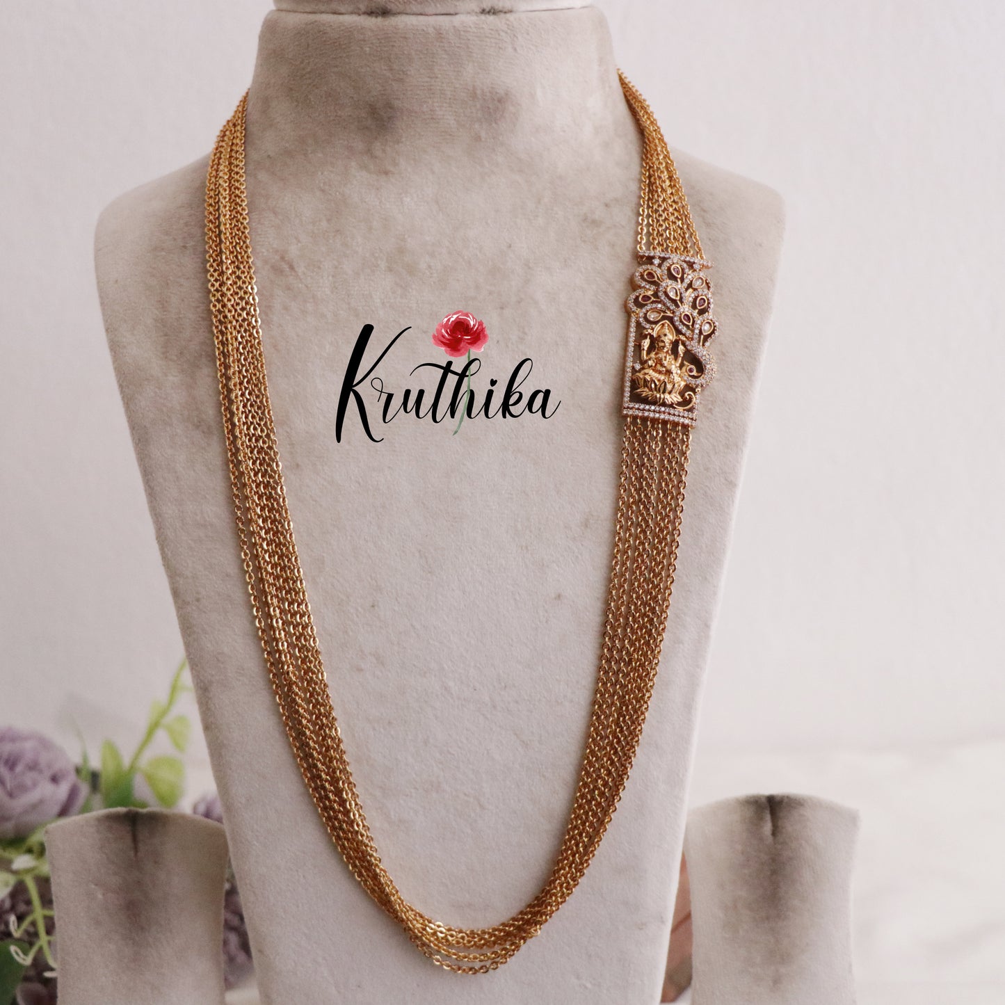 Elegant multi Layer Lakshmi Peacock Ruby Stone Design Chandra Haaram with AD Pendant LH1906