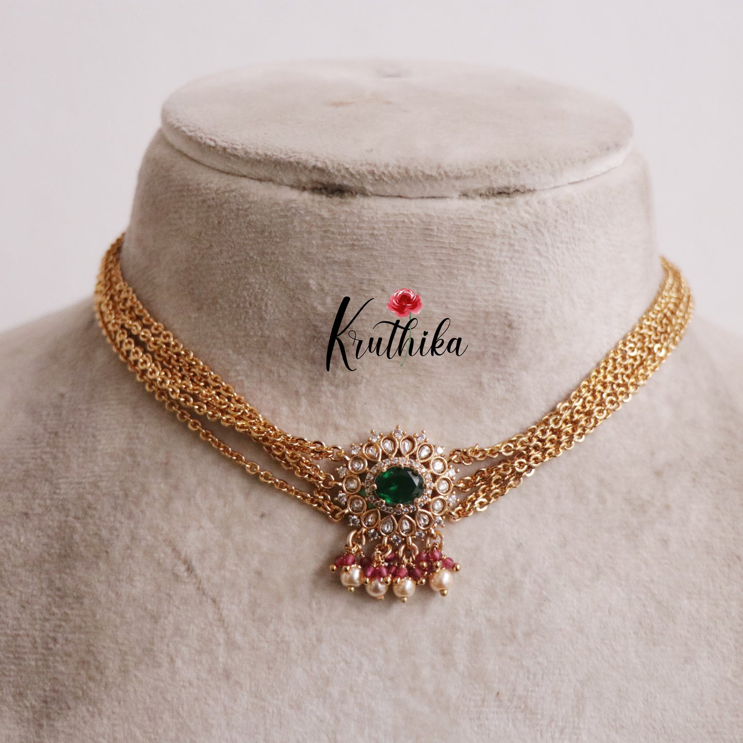 Trendy Six Layer Emerlad Vintage Chandra Multi Stone Necklace with Side AD Pendant NC2184