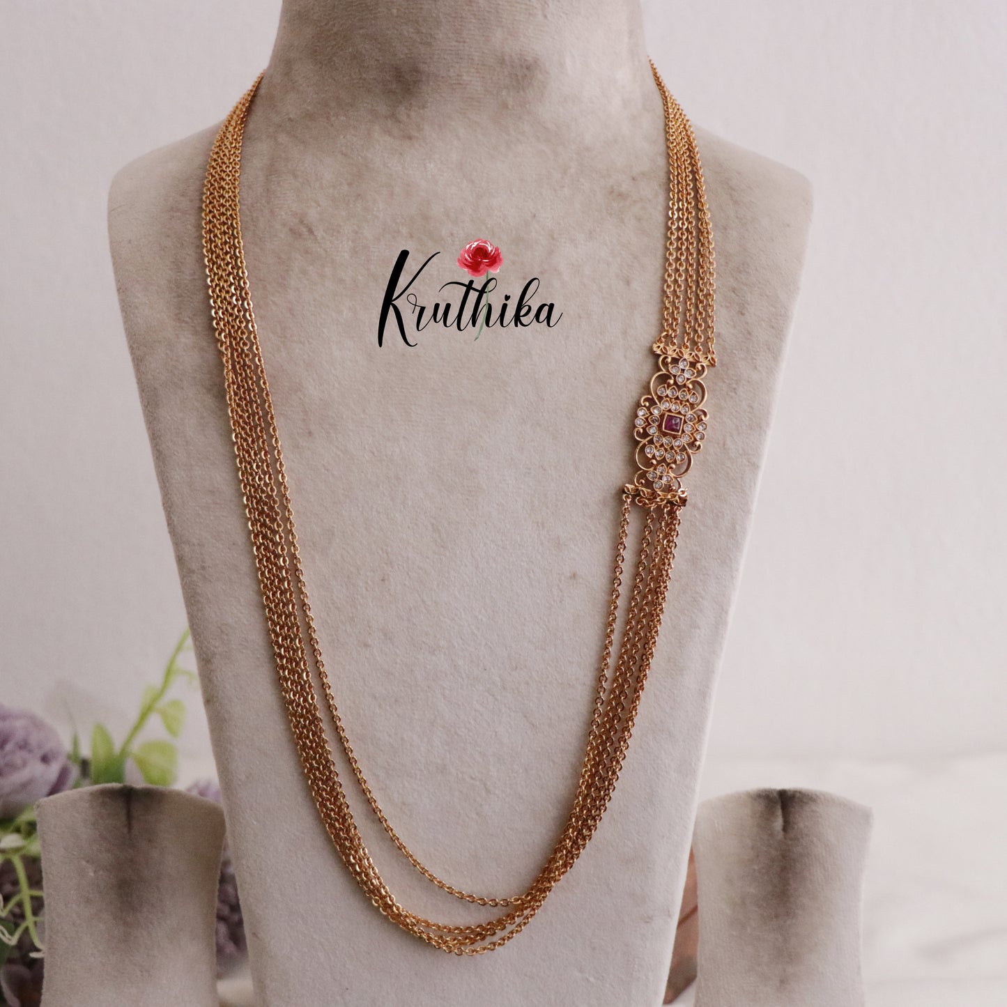 Trendy multi Layer Chandra Haaram Ruby with AD Pendant LH1905