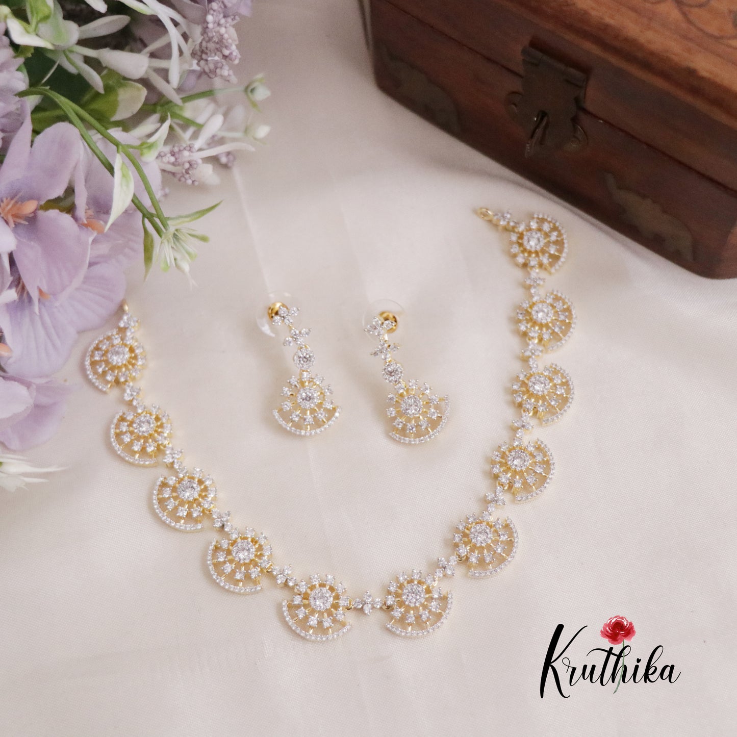 Trendy Sparking CZ Floral Crescent Design Necklace NC2130