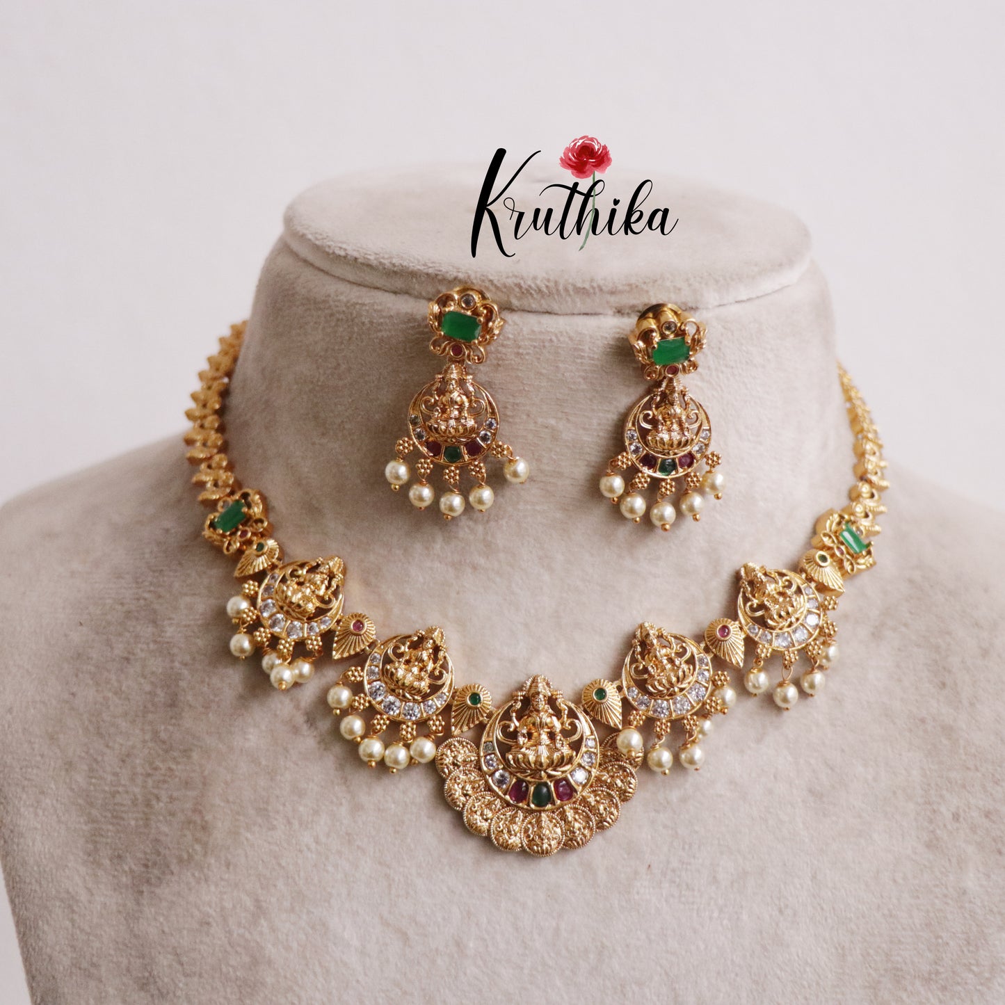 Elegant Temple Lakshmi Necklace with Pearl Drop NC2194