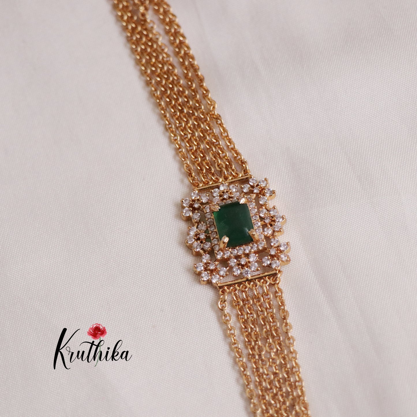 Beautiful Six Layer Emerlad Vintage Chandra Multi Stone Haaram with Side AD Pendant LH1936