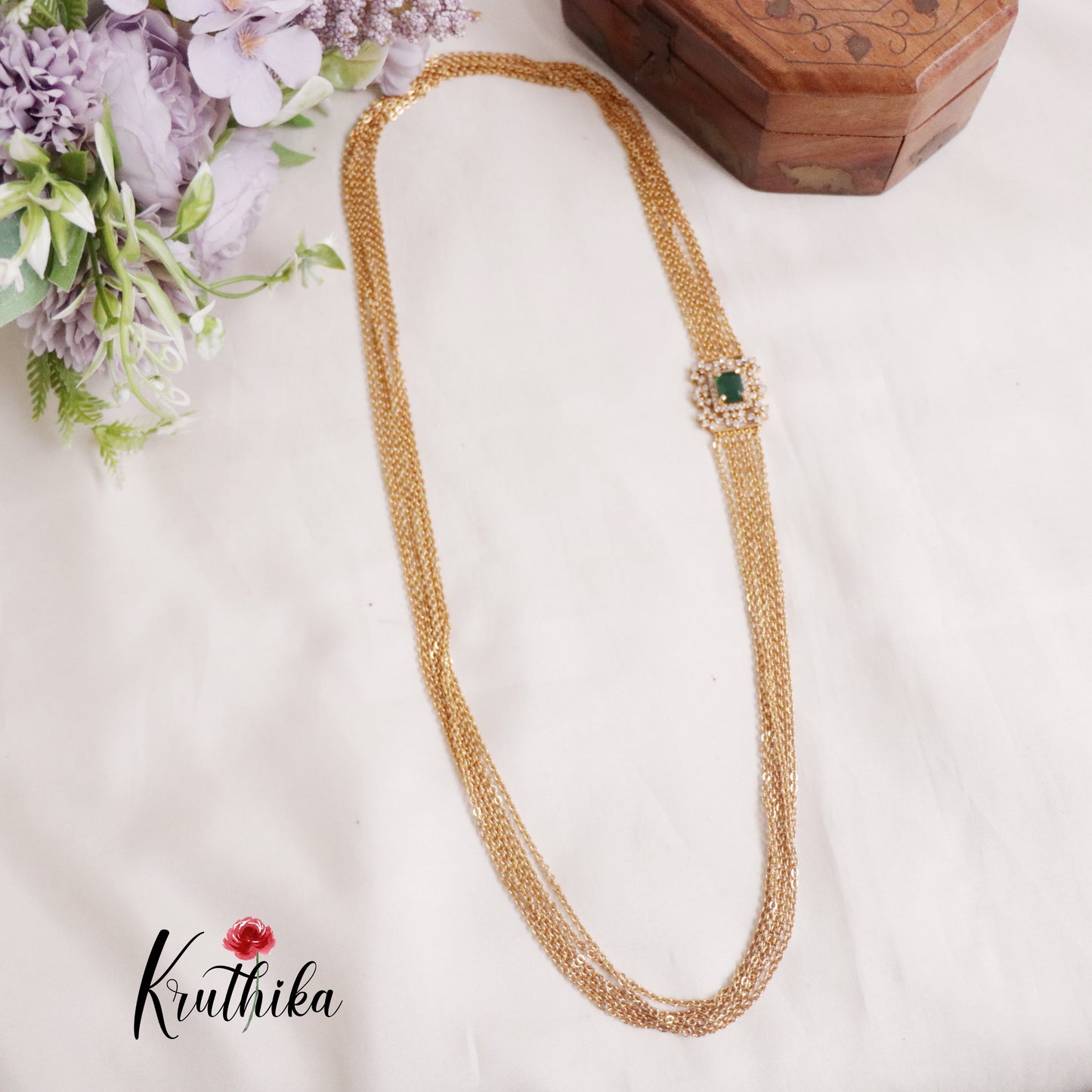 Beautiful Six Layer Emerlad Vintage Chandra Multi Stone Haaram with Side AD Pendant LH1936