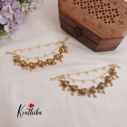 Beautiful Three Layer Peacock with Golden Beads Drops Earchains EC95 (Available In 2 Colors)