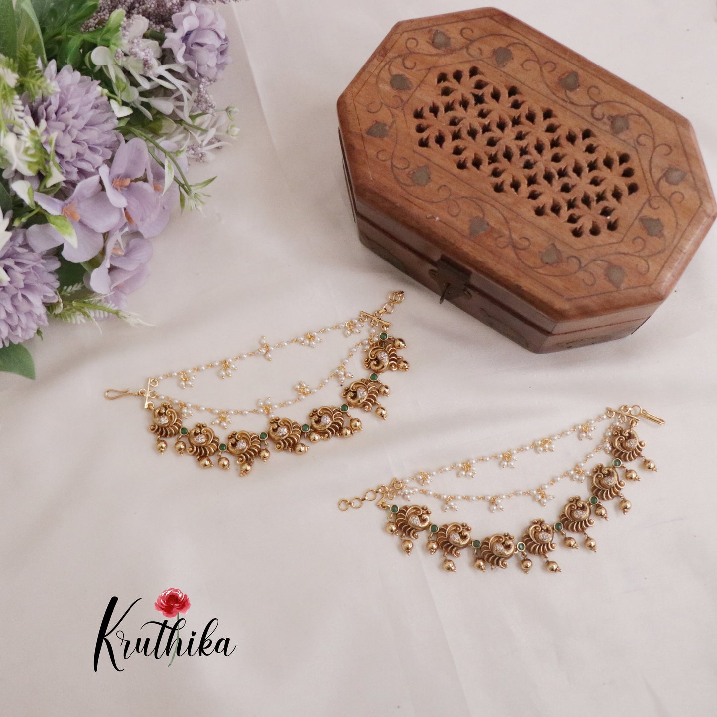 Beautiful Three Layer Peacock with Golden Beads Drops Earchains EC95