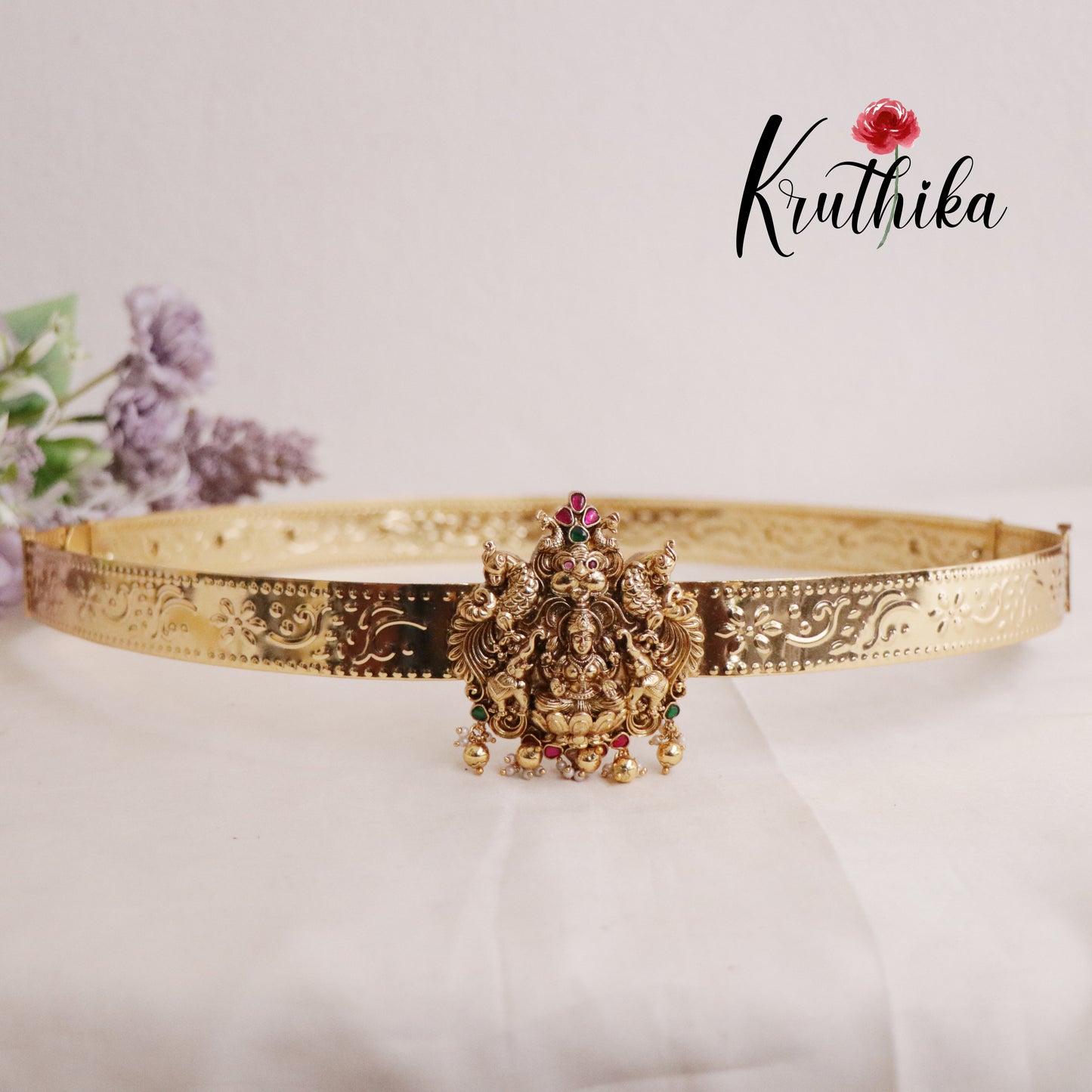 Premium Light Weight Elephant Temple Lakshmi Devi Peacock Design Hip Belt with Golden Beads V262