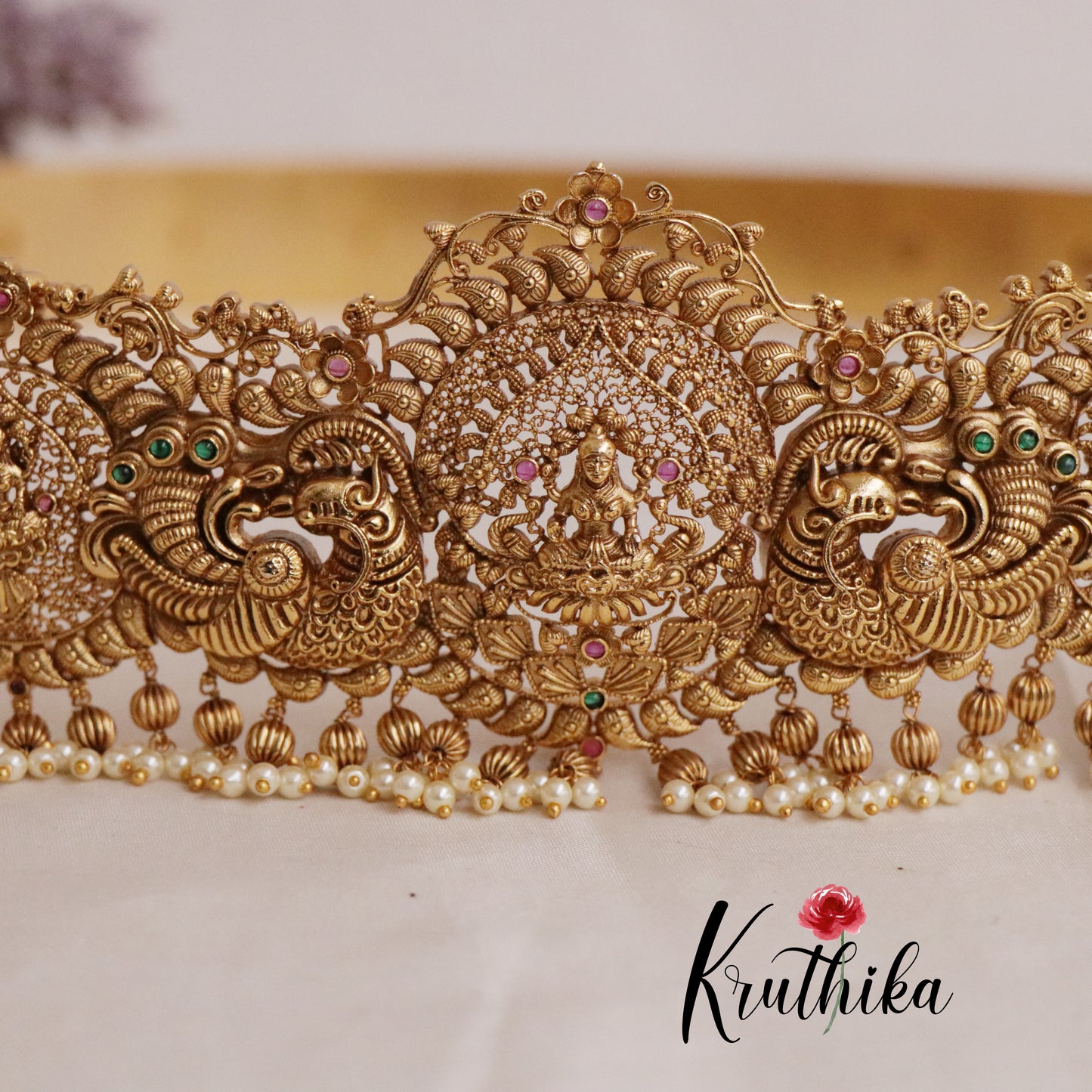 Gorgeous Bridal Antique Traditional Elephant Pallakku Motif Hip Belt with Golden Beads V258