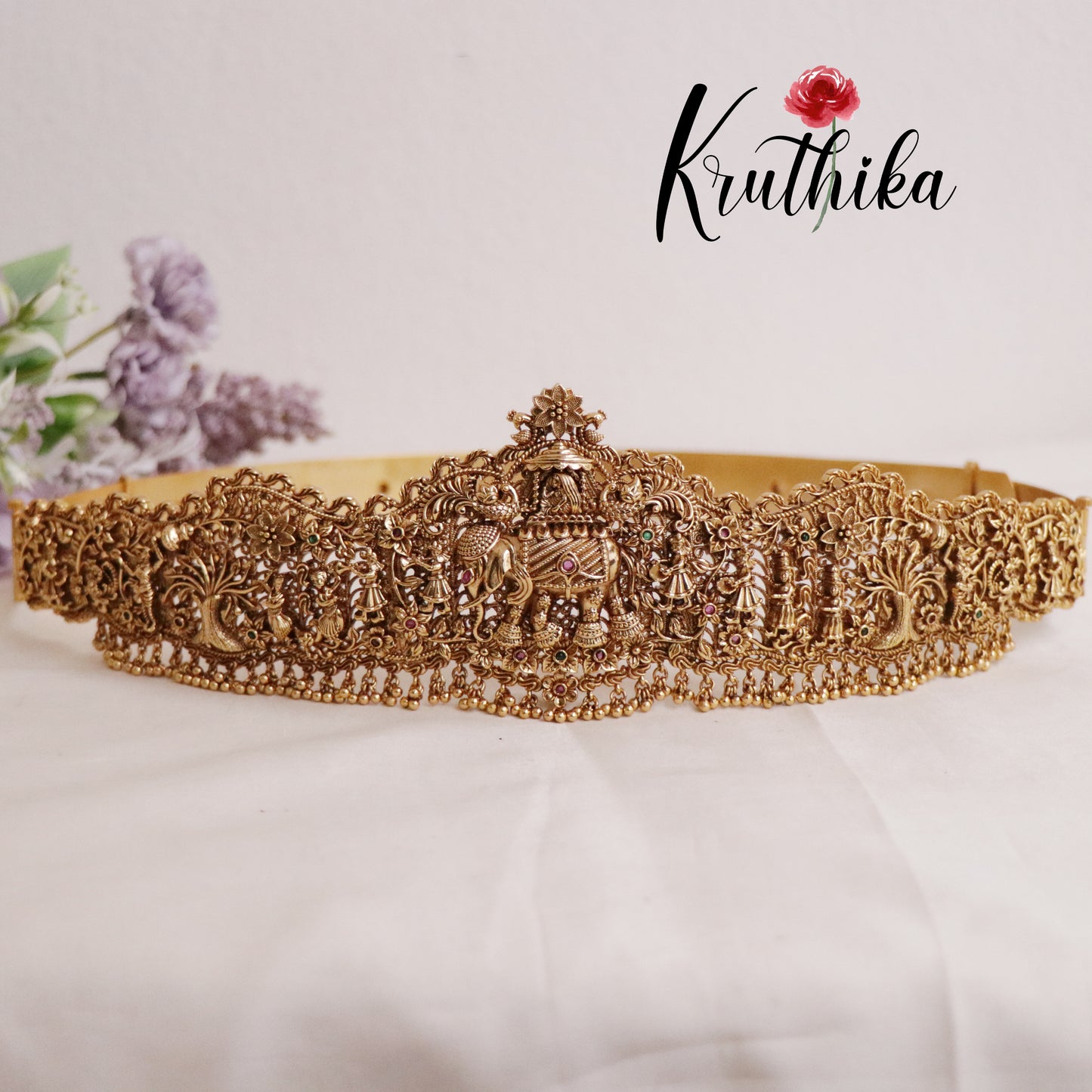 Gorgeous Bridal Antique Traditional Elephant Pallakku Motif Hip Belt with Golden Beads V258