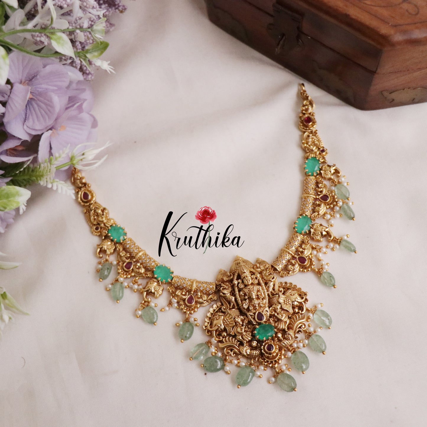 Beautiful Aqua Temple Balaji Hasli Necklace with Pastel Green Beads Drops NC2329