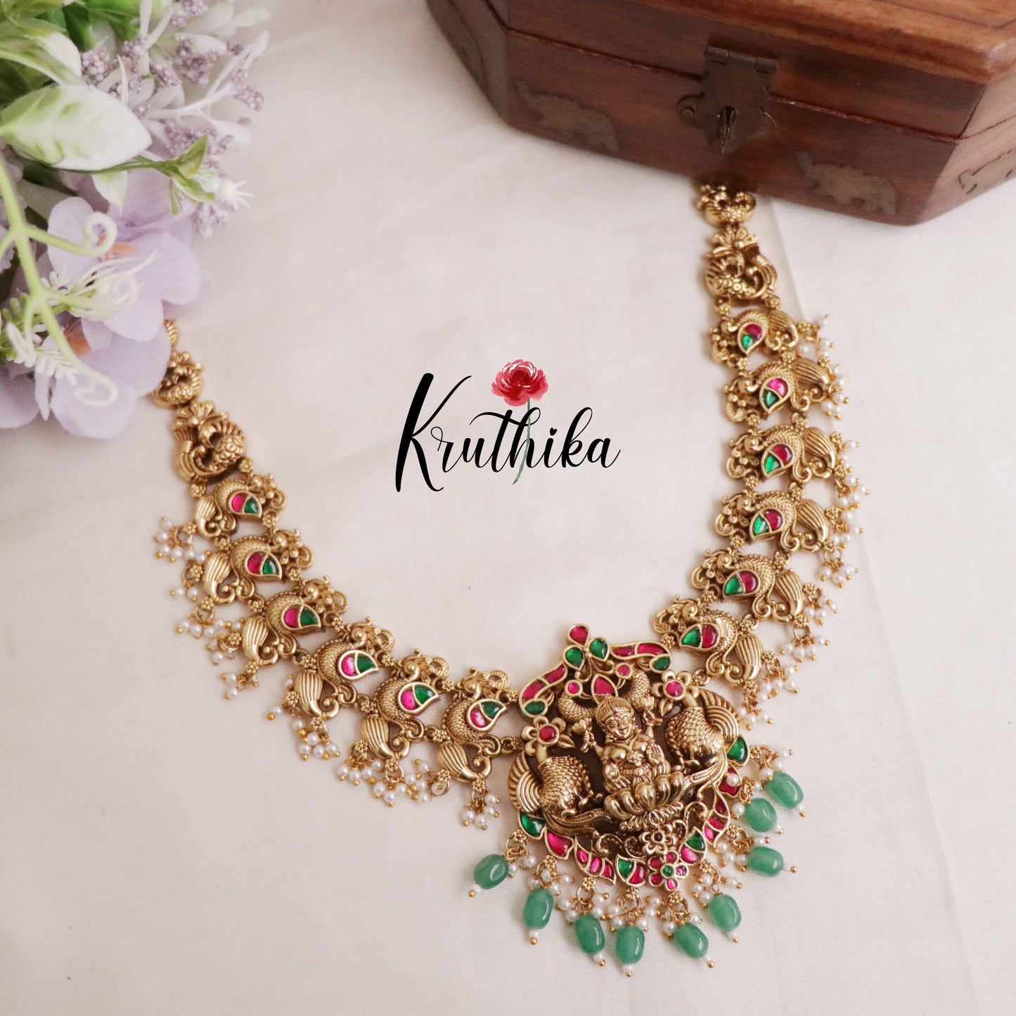 Beautiful Traditional Temple Lakshmi Necklace with Jadau Stones NC2100 (Available in 2 Beads)