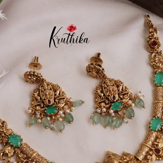 Beautiful Aqua Temple Balaji Hasli Necklace with Pastel Green Beads Drops NC2329