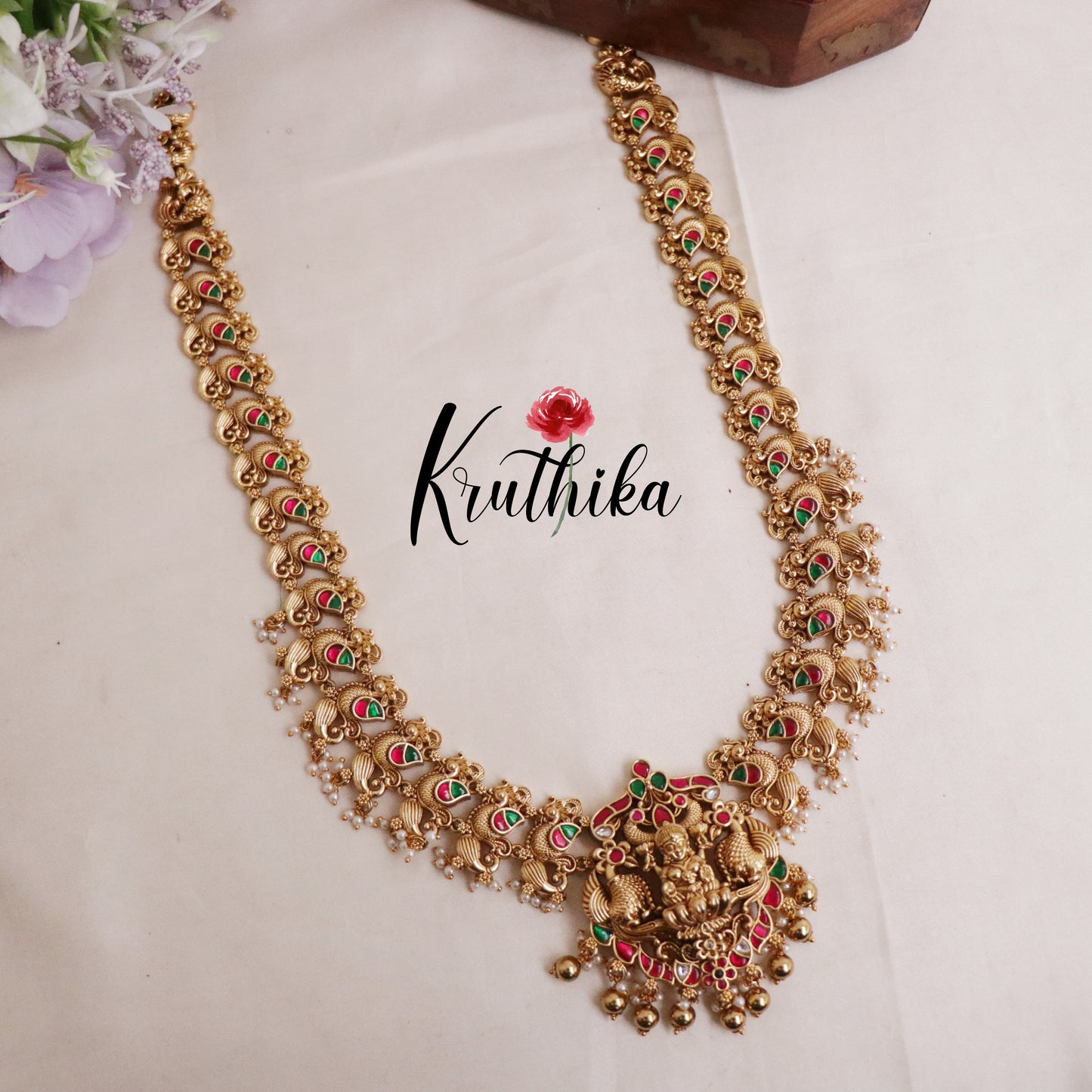 Beautiful Traditional Temple Lakshmi Haaram with Jadau Stones NC2101 (Available in 2 Beads)
