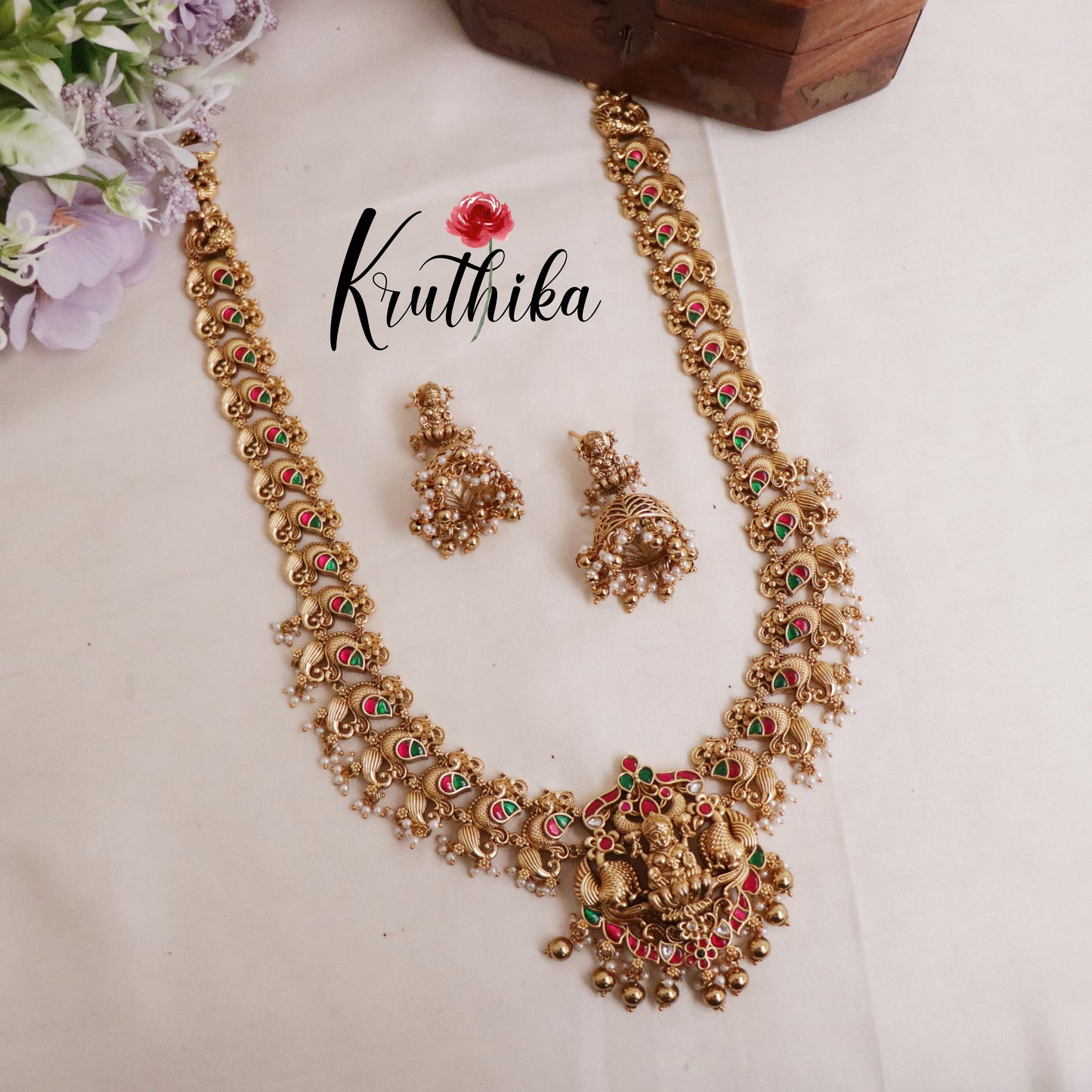 Beautiful Traditional Temple Lakshmi Haaram with Jadau Stones NC2101 (Available in 2 Beads)