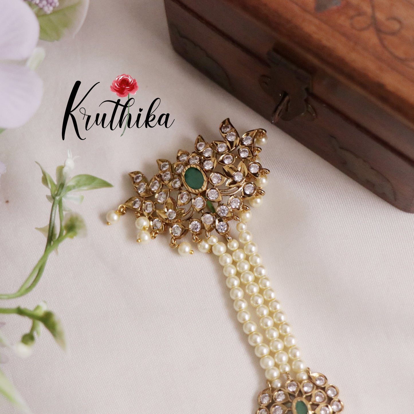 Stunning AD Floral Jhumka Jada Billa With Triple Layered Pearl J280