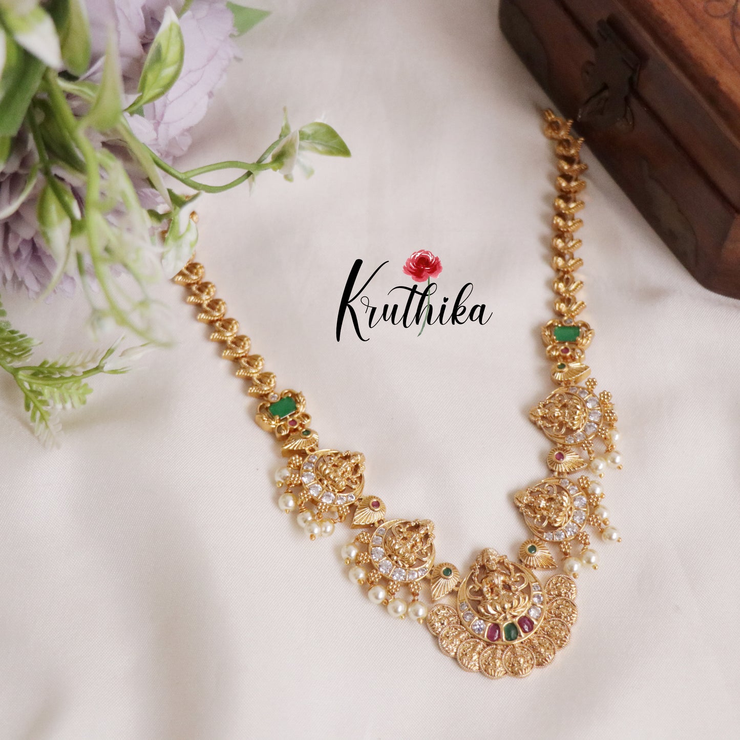 Elegant Temple Lakshmi Necklace with Pearl Drop NC2194
