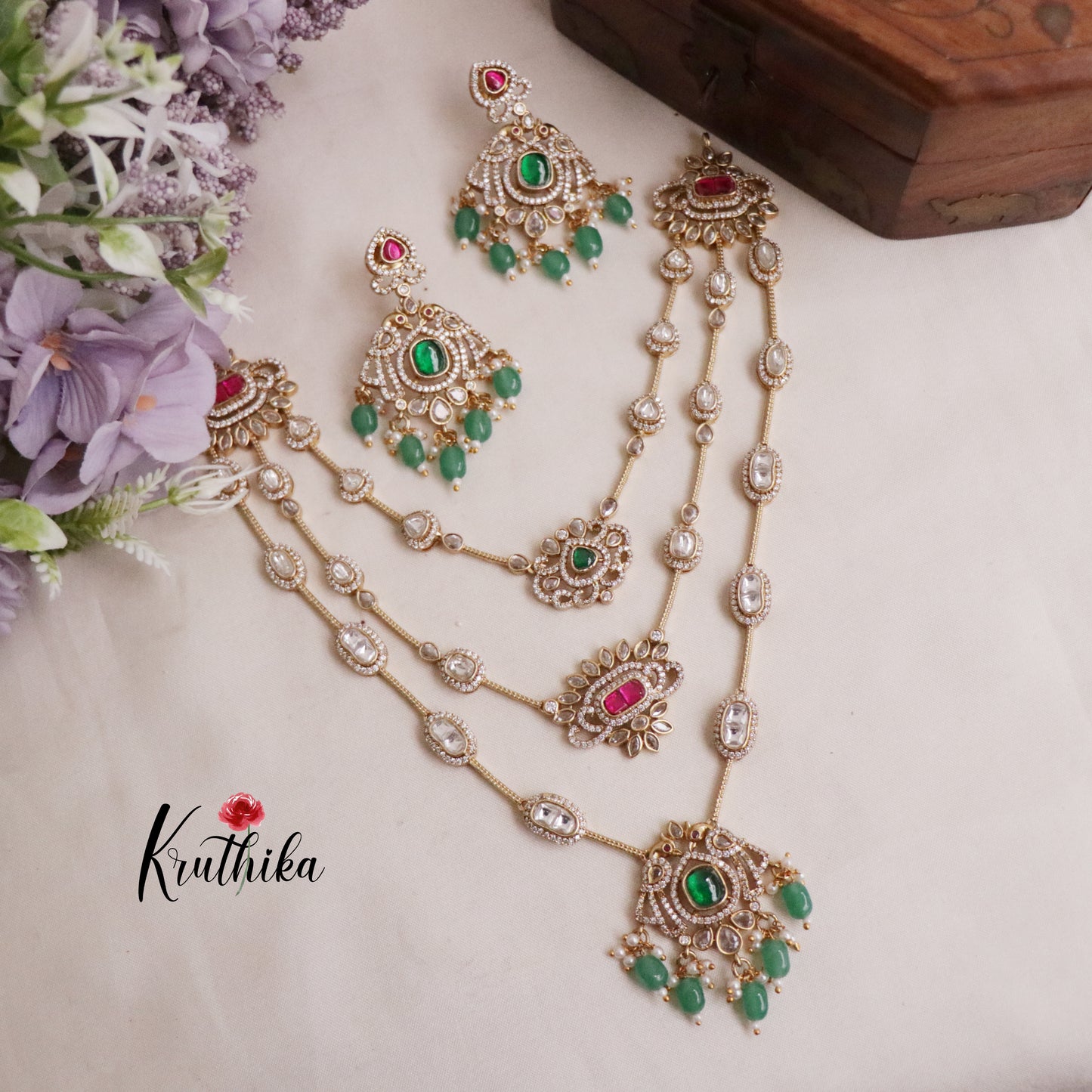 Beautiful Three Layer Jadau Peacock Design Necklace with Green Beads NC2078