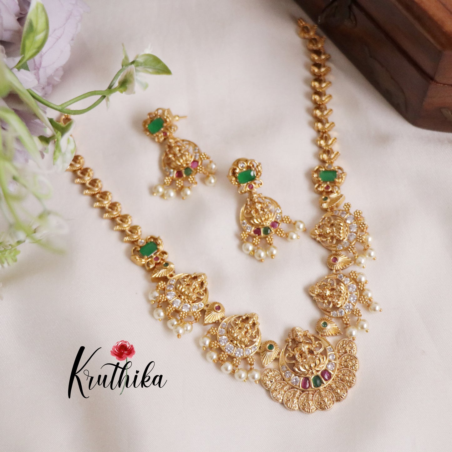 Elegant Temple Lakshmi Necklace with Pearl Drop NC2194