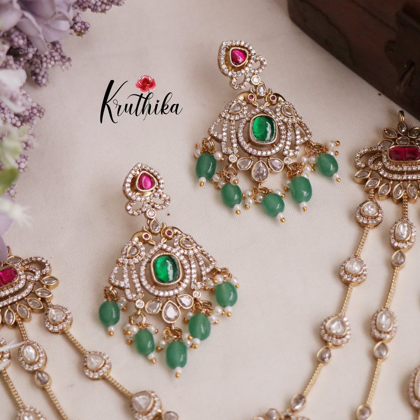Beautiful Three Layer Jadau Peacock Design Necklace with Green Beads NC2078