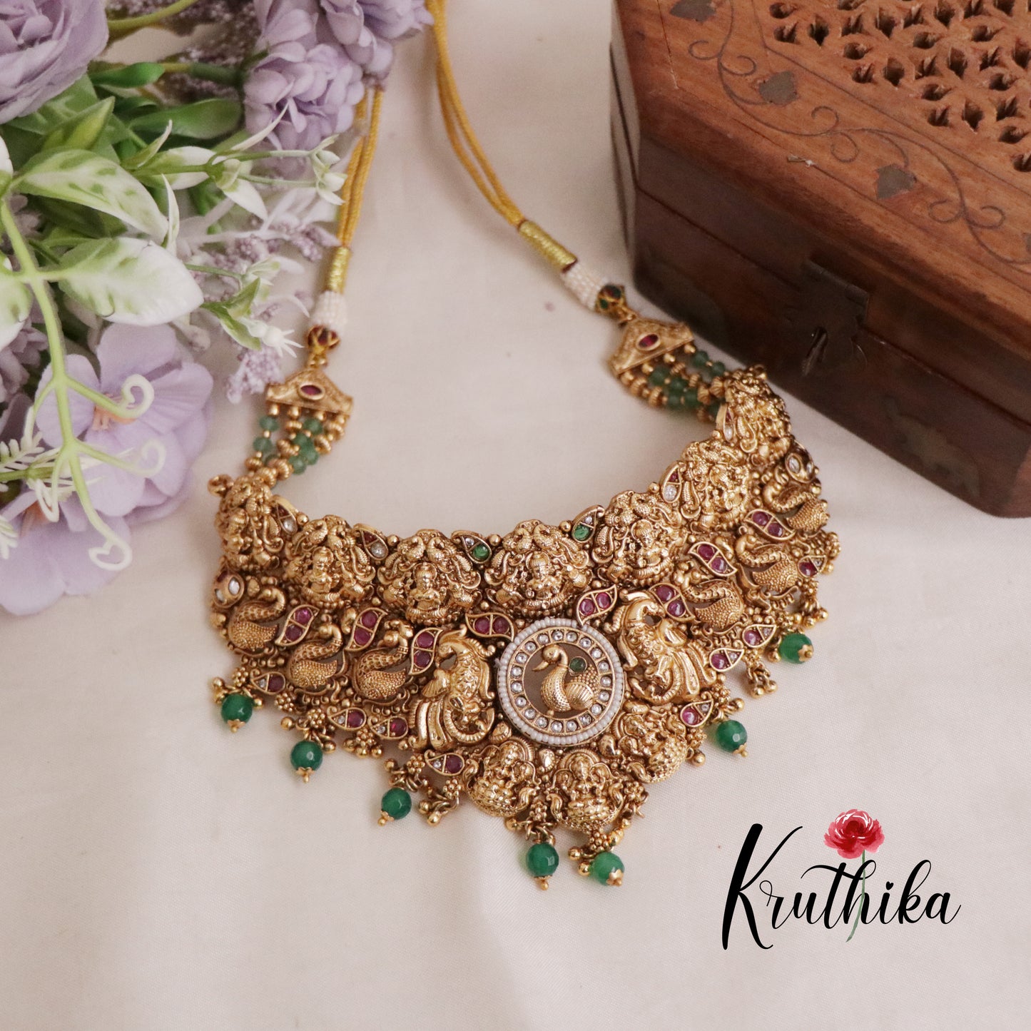 Grand AD Jadau Peacock Temple Lakshmi Bridal Choker Set NC2105
