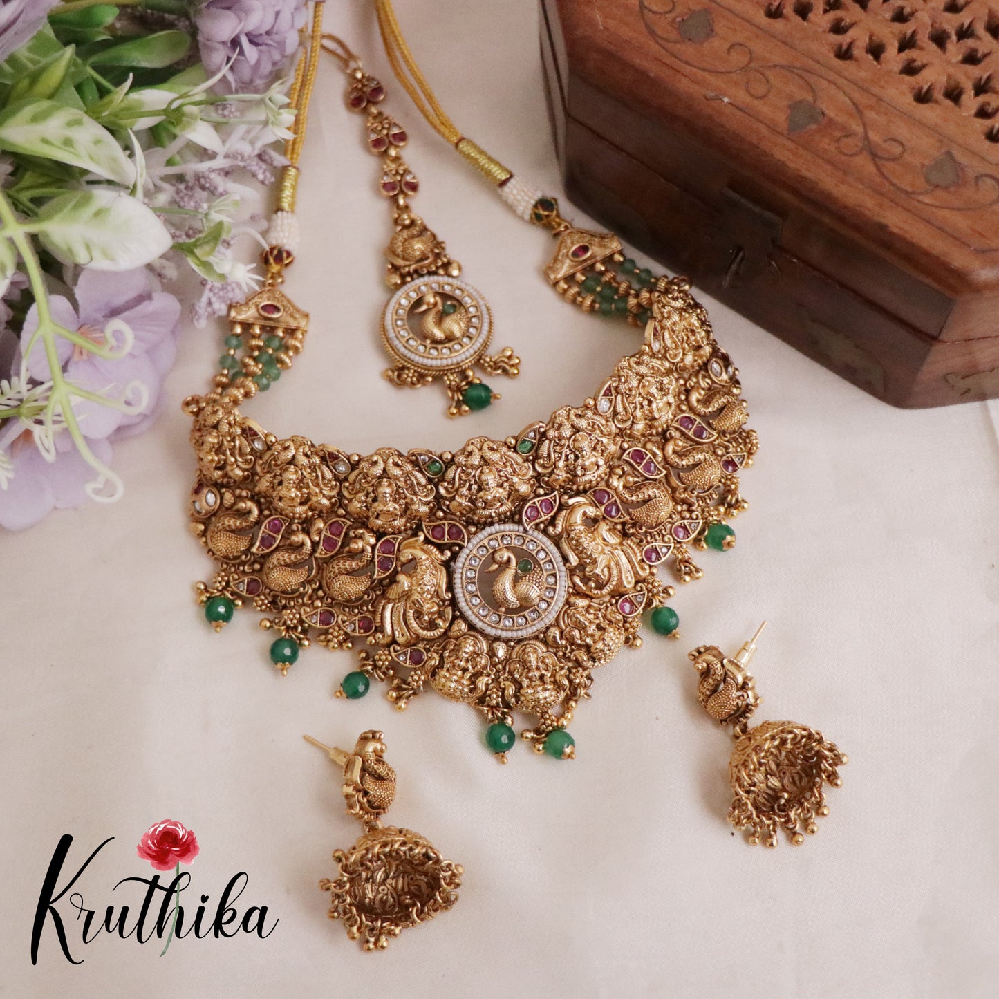 Grand AD Jadau Peacock Temple Lakshmi Bridal Choker Set NC2105