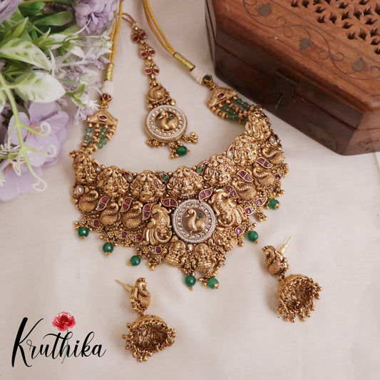 Grand AD Jadau Peacock Temple Lakshmi Bridal Choker Set NC2105