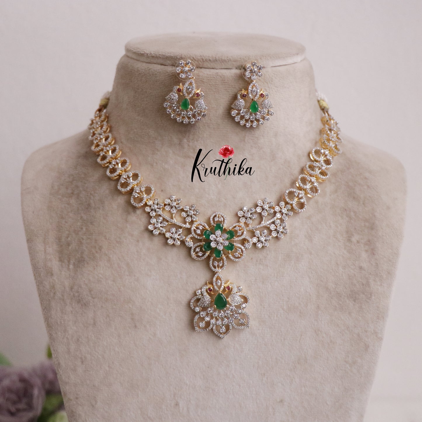 Beautiful CZ Jade Blossom AD Necklace Set NC2144 (Available in 3 Colours)
