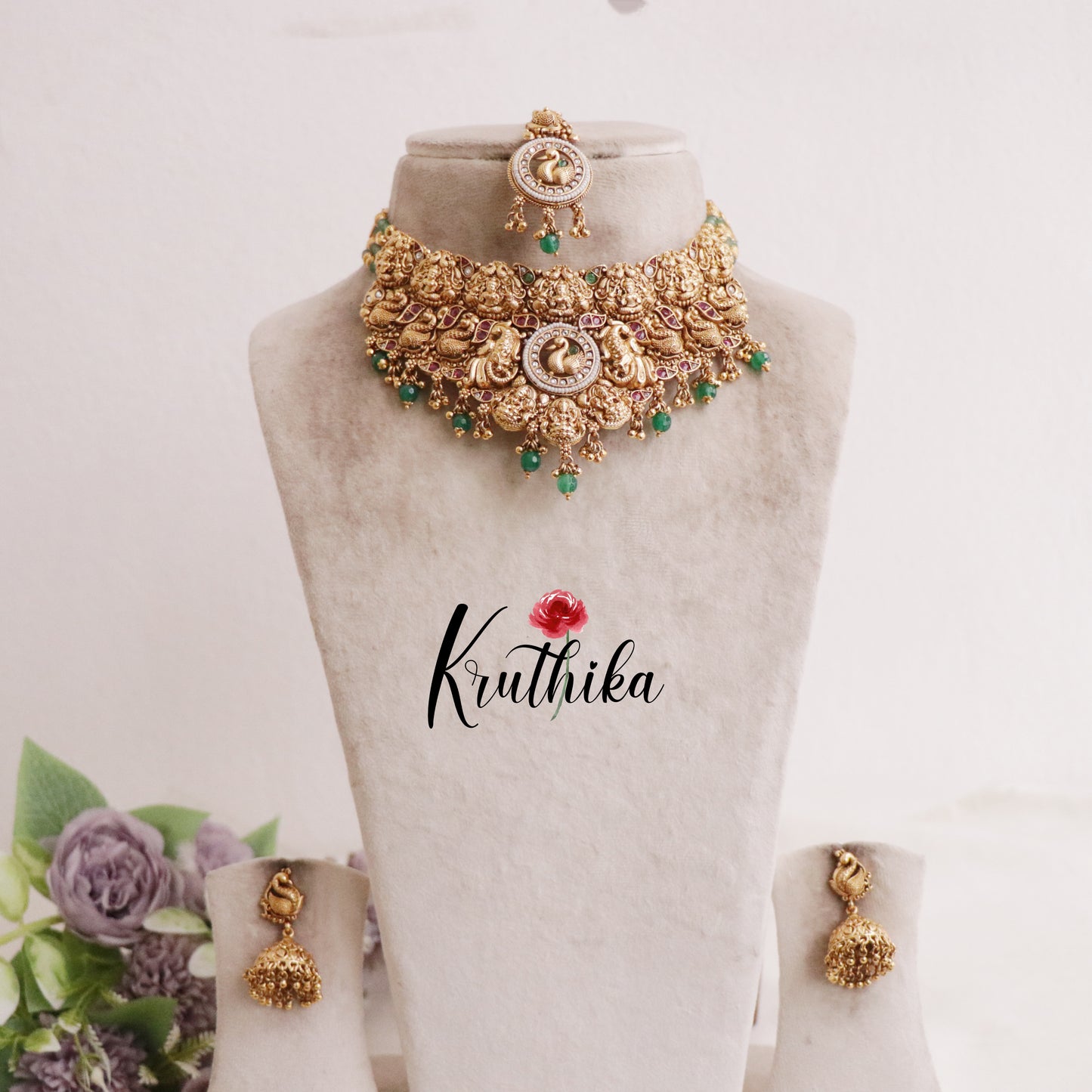 Grand AD Jadau Peacock Temple Lakshmi Bridal Choker Set NC2105