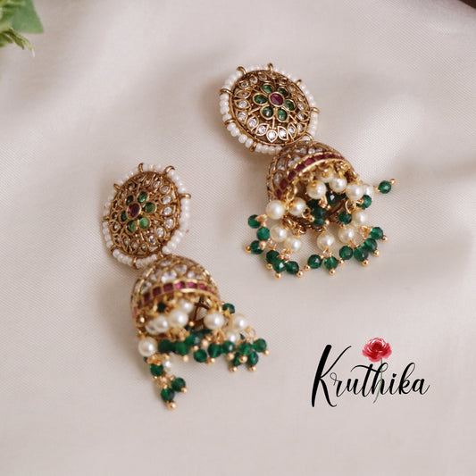 Premium Kemp Jhumka with Green Beads E466