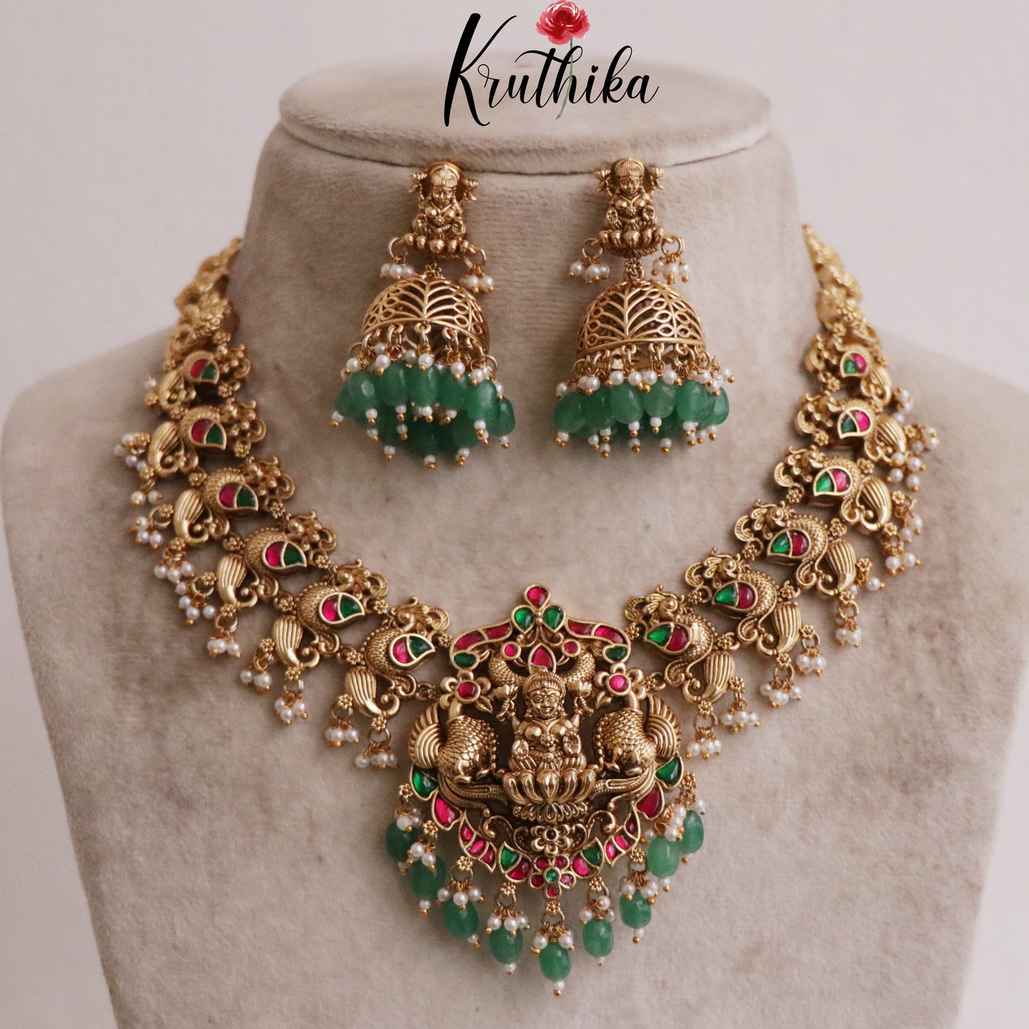Beautiful Traditional Temple Lakshmi Necklace with Jadau Stones NC2100 (Available in 2 Beads)