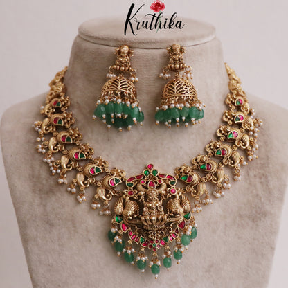 Beautiful Traditional Temple Lakshmi Necklace with Jadau Stones NC2100 (Available in 2 Beads)