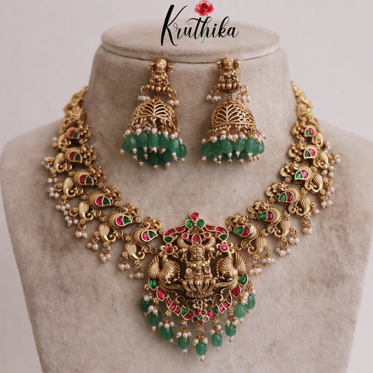 Beautiful Traditional Temple Lakshmi Necklace with Jadau Stones NC2100 (Available in 2 Beads)