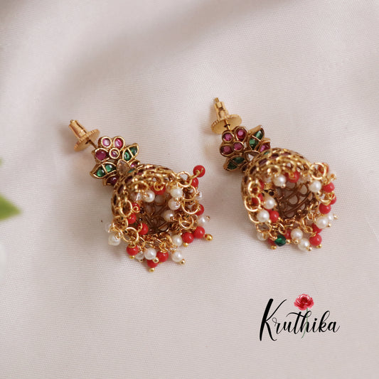 Grand Kemp Floral Design Jhumkas with Pearls Drops E582