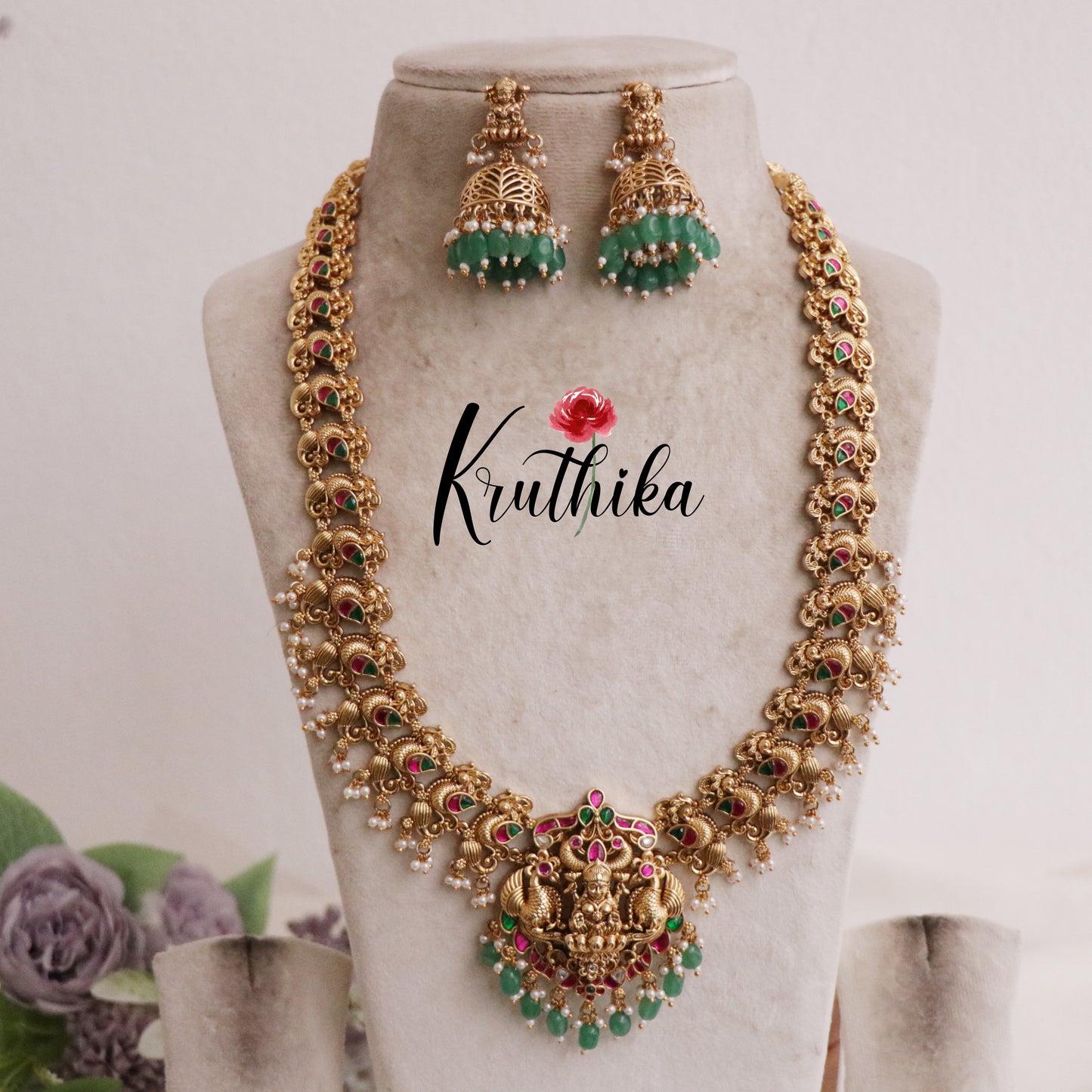 Beautiful Traditional Temple Lakshmi Haaram with Jadau Stones NC2101 (Available in 2 Beads)