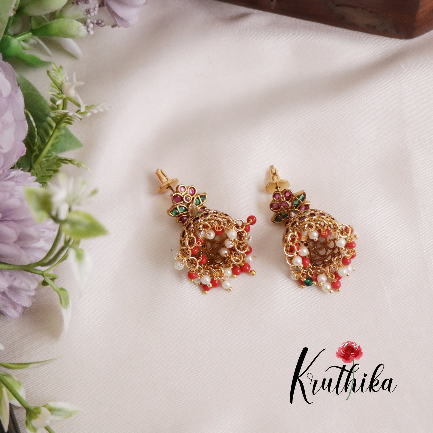 Grand Kemp Floral Design Jhumkas with Pearls Drops E474