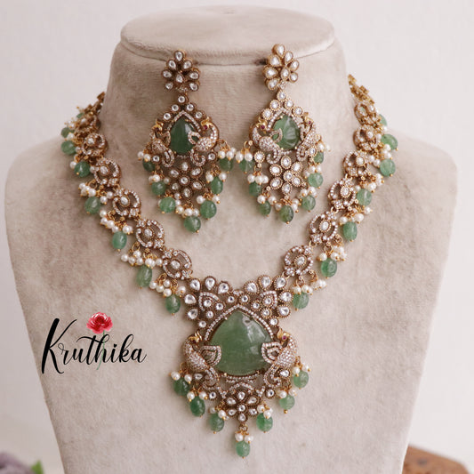 Royal moissanite AD Victorian Necklace Set with bead drops NC2079