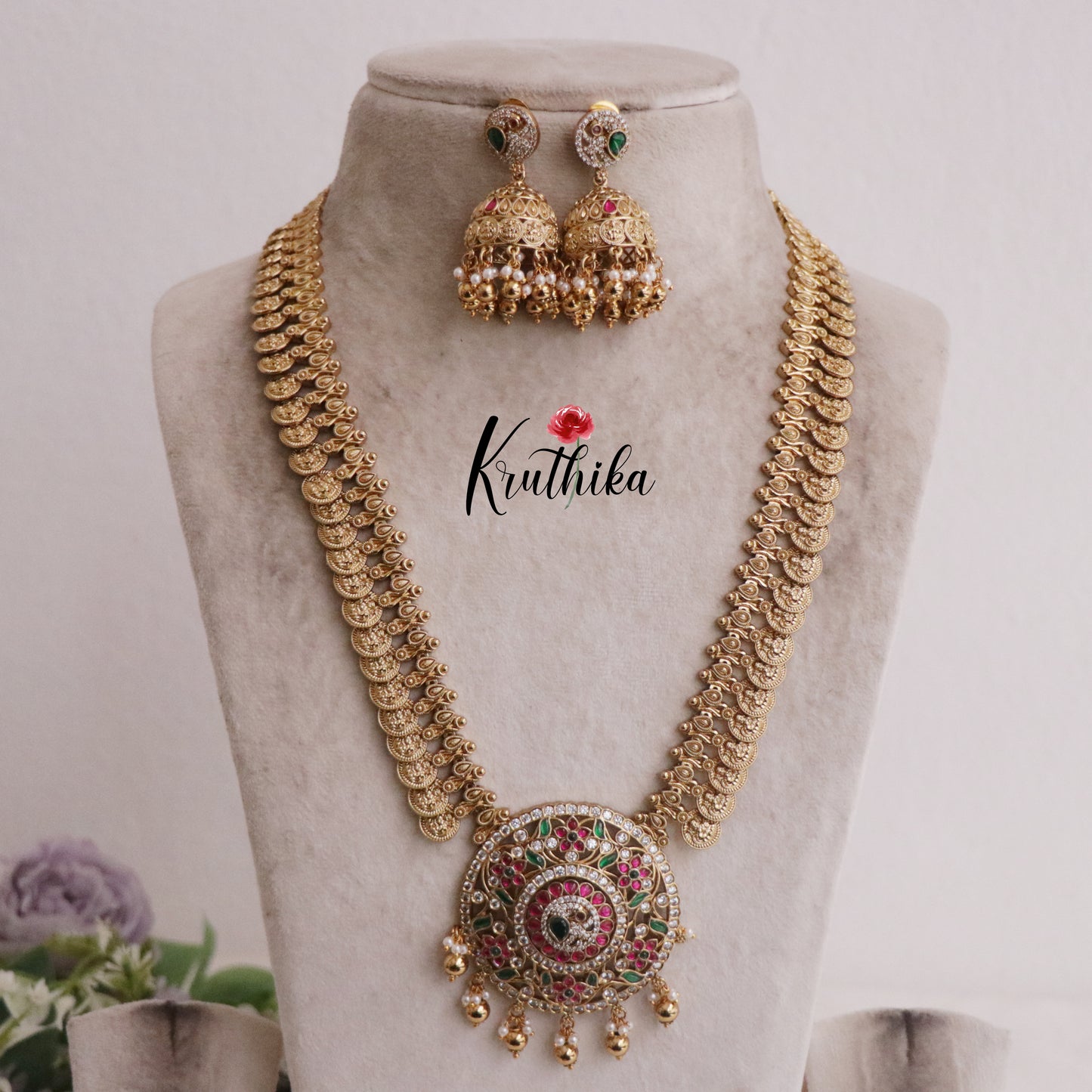 Grand Jadau Pendant Kasu Haaram with Golden Beads  LH1922