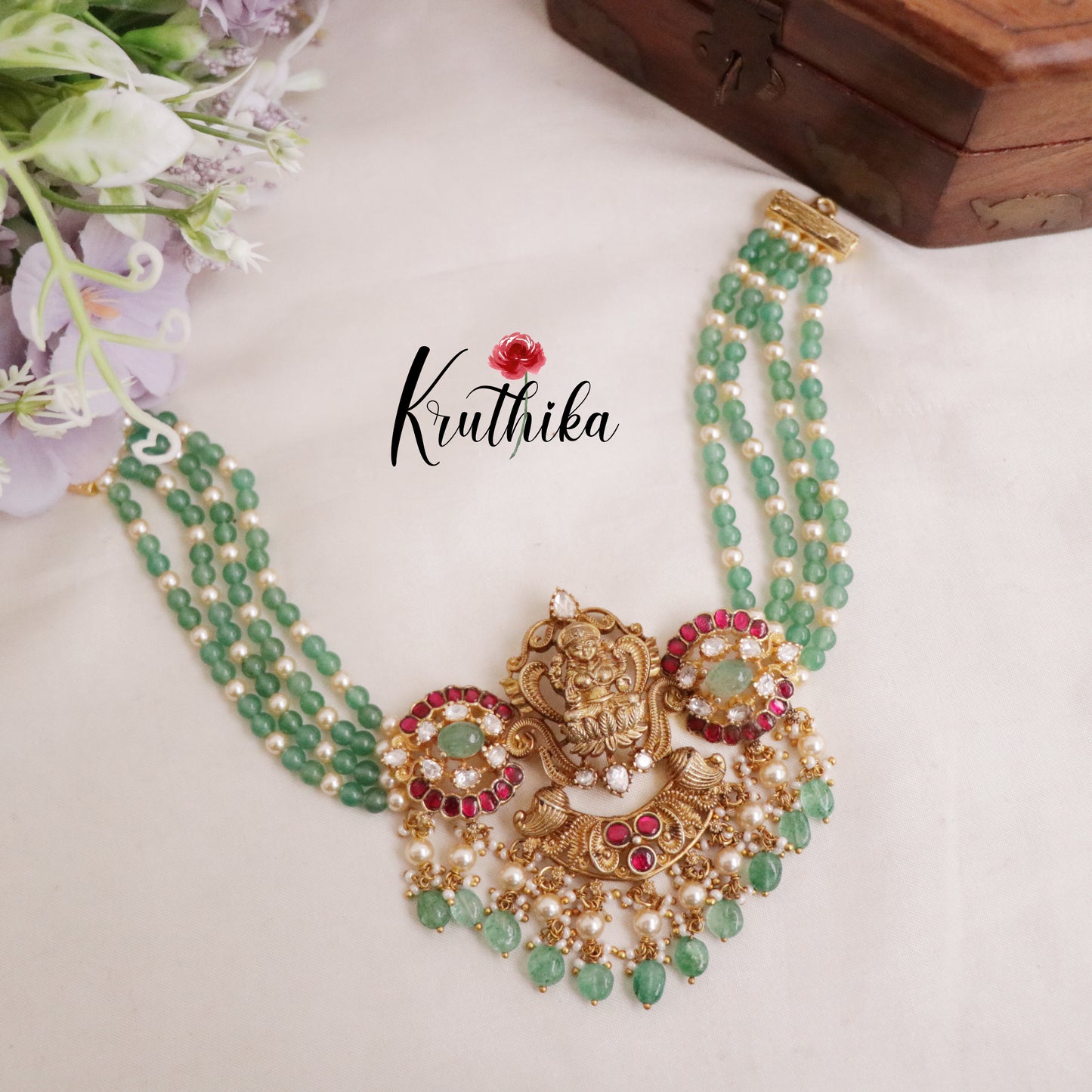 Beautiful Lakshmi Peacock Jadau Chocker Beads NC2106 (Available in 2 Colour Beads)