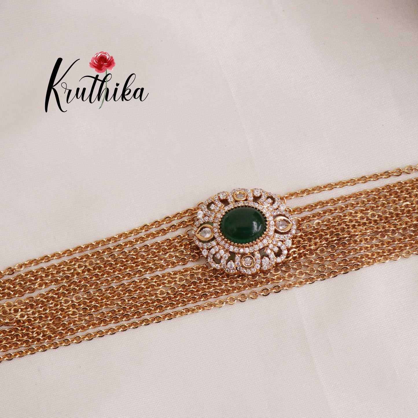 Elegant multi layer Emerlad Vintage Chandra Haaram with Side AD Pendant LH1910