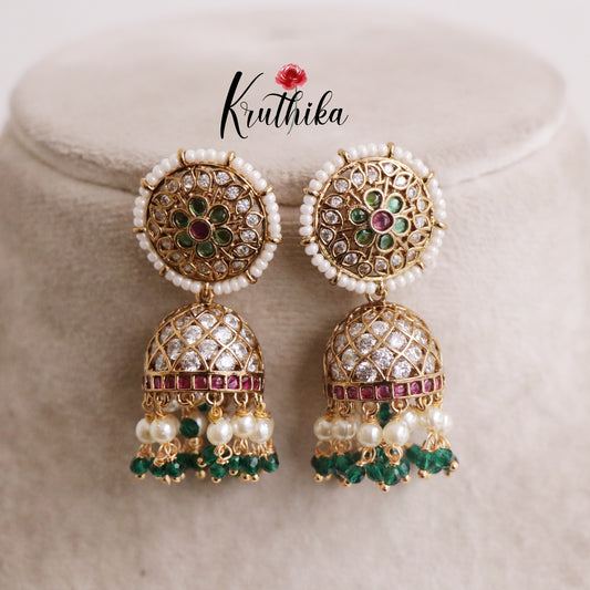 Premium Kemp Jhumka with Green Beads E466