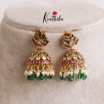 Beautiful Lotus Polki Jhumkas with Green Beads E467