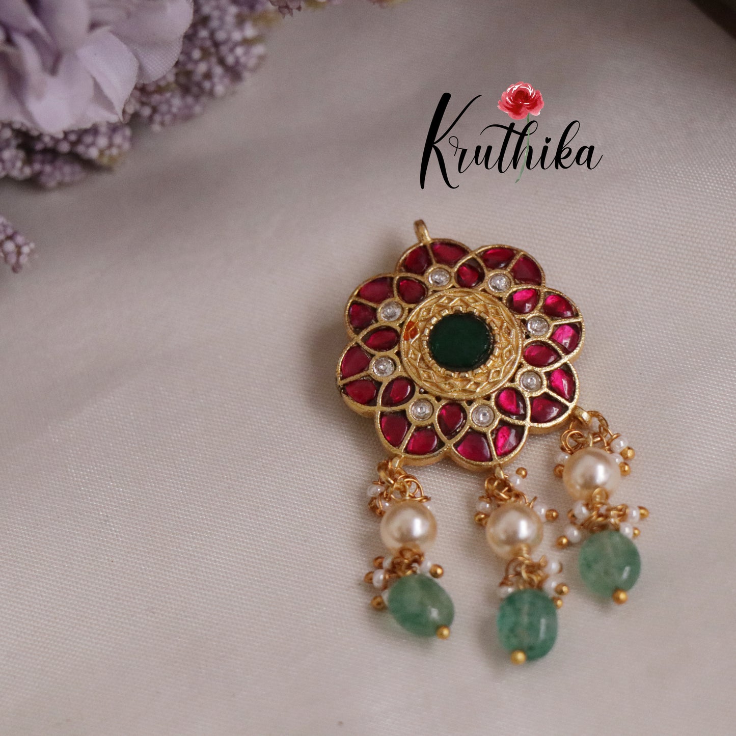 Trendy Antique Kemp with Green Beads Drops J187