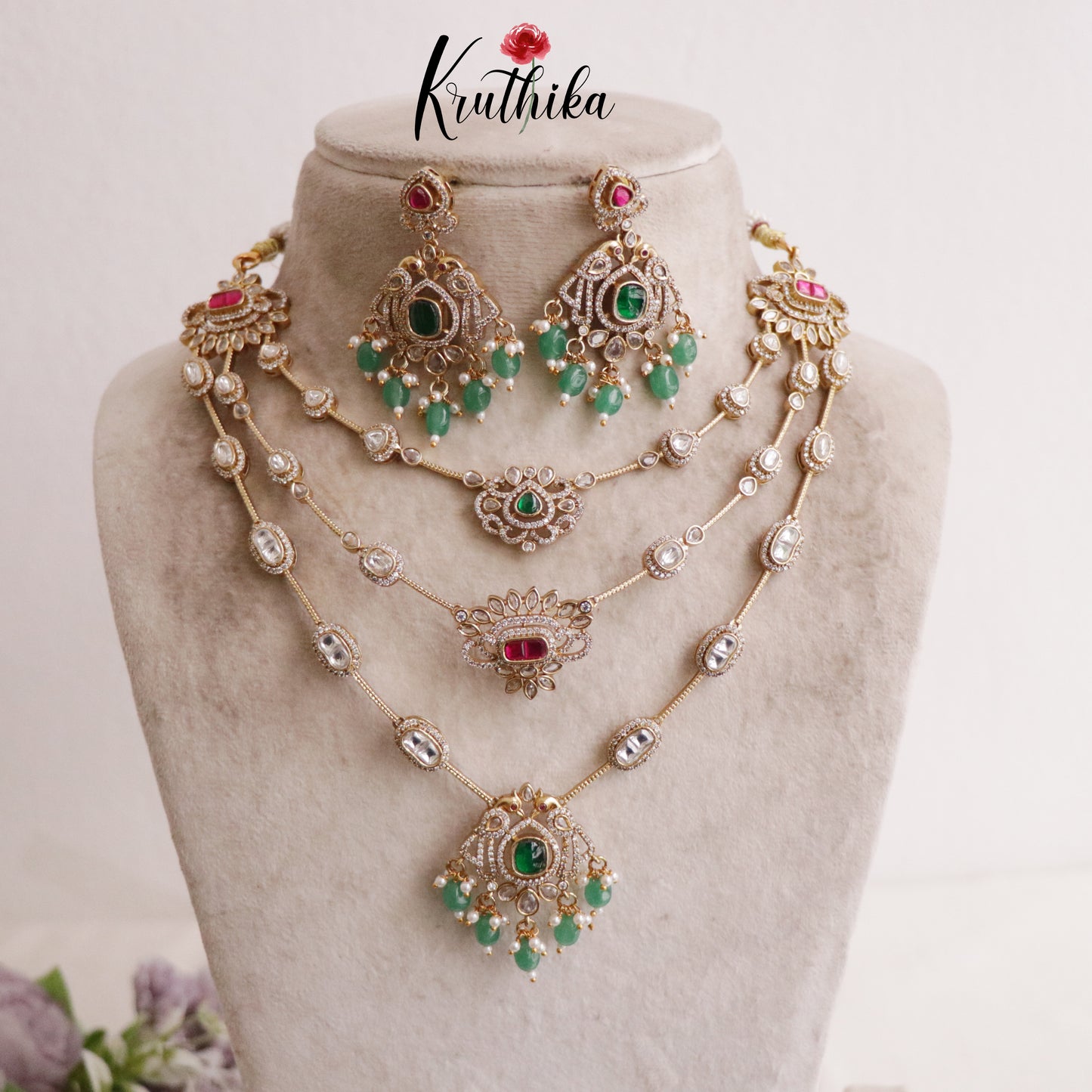 Beautiful Three Layer Jadau Peacock Design Necklace with Green Beads NC2078