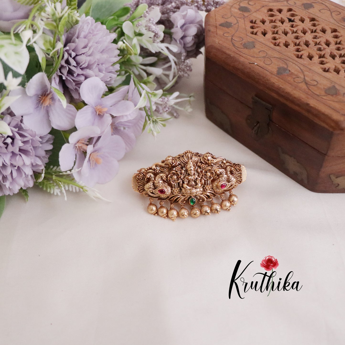 Traditional Lakshmi Peacock Hair Clip With Golden Bead Drops J273