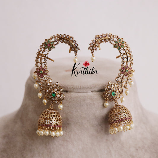 Premium Floral Crescent Earcuff with Jhumkas E469
