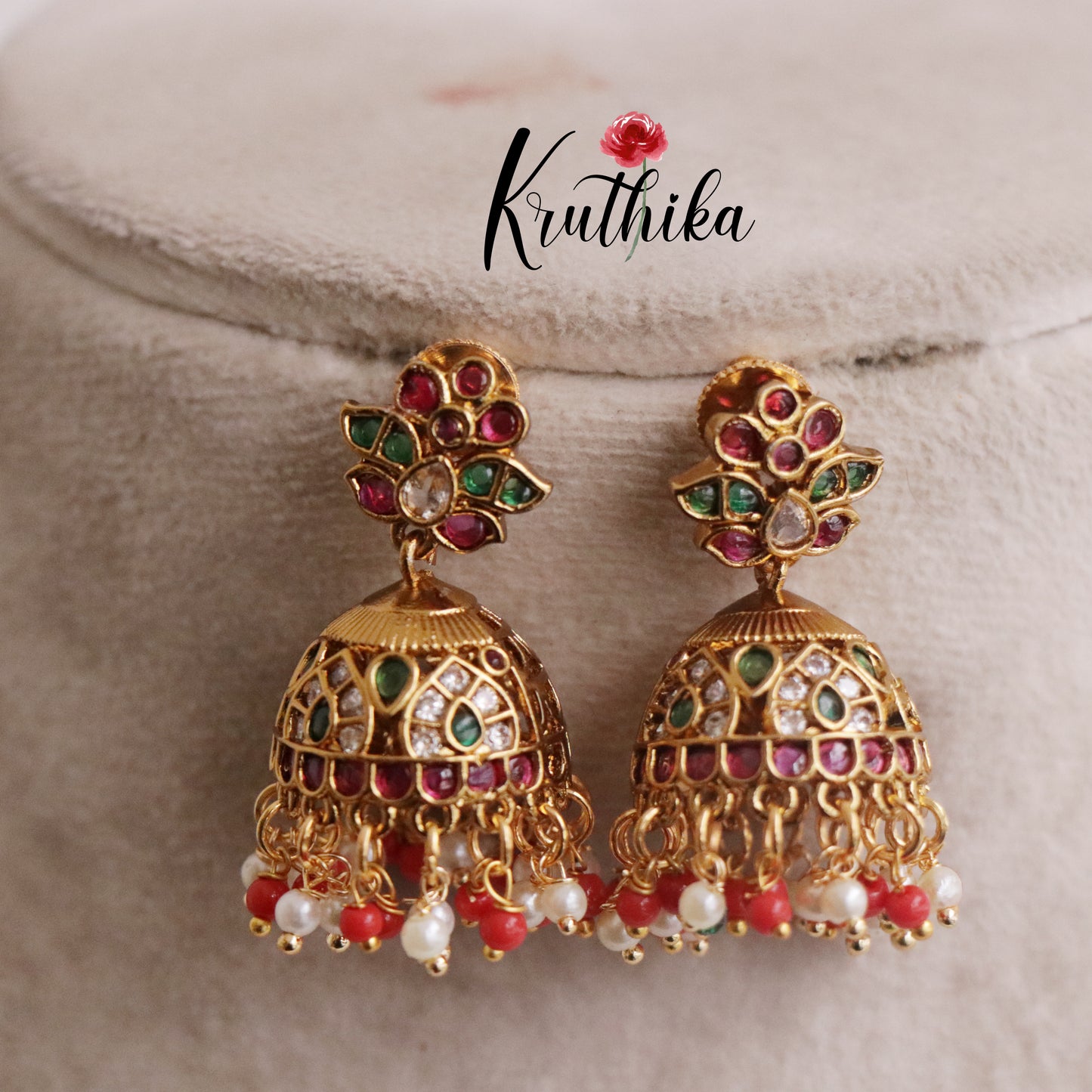 Grand Kemp Floral Design Jhumkas with Pearls Drops E474